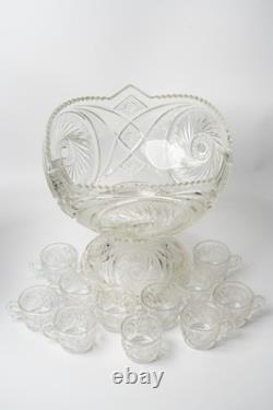 Vintage L. E. Smith Glass Aztec Pinwheel 13 Punch Bowl Set with 11 Cups & Stand