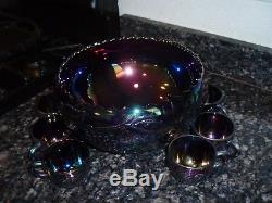 Vintage L. E. Smith Glass Co. Amethyst Punch Bowl Set Grape Cable RARE