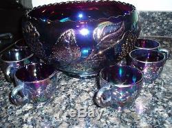 Vintage L. E. Smith Glass Co. Amethyst Punch Bowl Set Grape Cable RARE