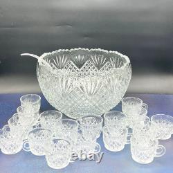 Vintage L. E. Smith Glass Co Pineapple Fan Cut Punch Bowl 17 Cups and Ladel
