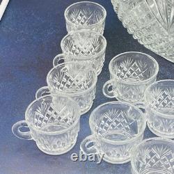 Vintage L. E. Smith Glass Co Pineapple Fan Cut Punch Bowl 17 Cups and Ladel