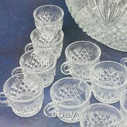 Vintage L. E. Smith Glass Co Pineapple Fan Cut Punch Bowl 17 Cups and Ladel