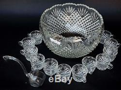 Vintage L. E. Smith Glass Co. Punch Bowl Set Pineapple Design with 12 Cups Ladle