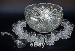 Vintage L. E. Smith Glass Co. Punch Bowl Set Pineapple Design with 12 Cups Ladle