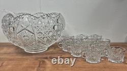 Vintage L. E. Smith Glass Daisy & Button Punch Bowl With 12 Glasses & Ladle