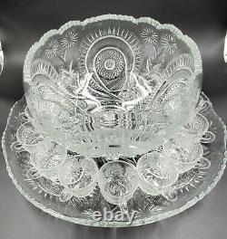 Vintage L E Smith Glass Pinwheel & Star Slewed Horseshoe Punch Bowl Set