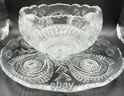 Vintage L E Smith Glass Pinwheel & Star Slewed Horseshoe Punch Bowl Set