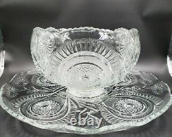 Vintage L E Smith Glass Pinwheel & Star Slewed Horseshoe Punch Bowl Set