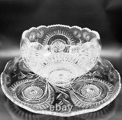 Vintage L E Smith Glass Pinwheel & Star Slewed Horseshoe Punch Bowl Set