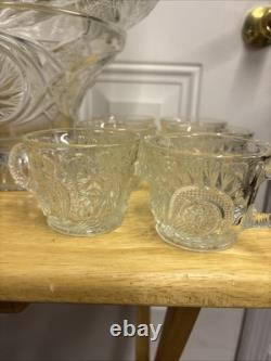 Vintage L E Smith Glass Punch Bowl Pedestal Cups Pinwheel & Stars 14Piece Set