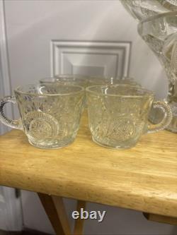Vintage L E Smith Glass Punch Bowl Pedestal Cups Pinwheel & Stars 14Piece Set