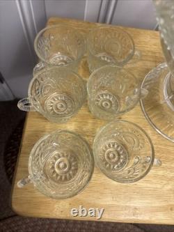 Vintage L E Smith Glass Punch Bowl Pedestal Cups Pinwheel & Stars 14Piece Set