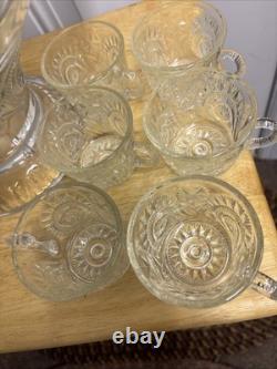 Vintage L E Smith Glass Punch Bowl Pedestal Cups Pinwheel & Stars 14Piece Set