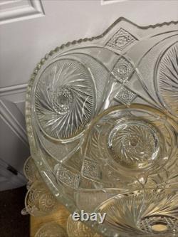 Vintage L E Smith Glass Punch Bowl Pedestal Cups Pinwheel & Stars 14Piece Set