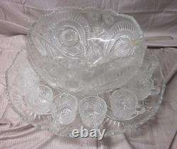 Vintage L E Smith Glass Punch Bowl Pedestal Cups Pinwheel & Stars 16 Piece Set