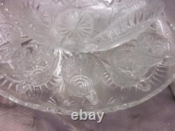 Vintage L E Smith Glass Punch Bowl Pedestal Cups Pinwheel & Stars 16 Piece Set