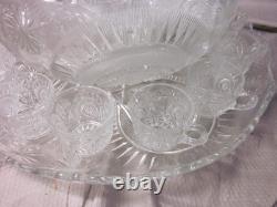 Vintage L E Smith Glass Punch Bowl Pedestal Cups Pinwheel & Stars 16 Piece Set