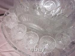 Vintage L E Smith Glass Punch Bowl Pedestal Cups Pinwheel & Stars 16 Piece Set