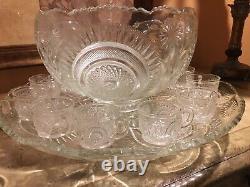 Vintage L. E. Smith Glass Radiant Daisy Punch Bowl, Tray, and 12 Cups