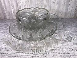 Vintage L. E. Smith PINWHEEL STARS PUNCH BOWL, UNDERPLATE 12 Cups HandBlown Ladle
