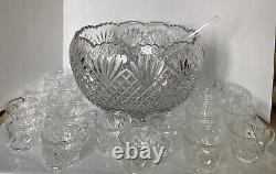 Vintage L. E. Smith Pineapple Diamond Fan Cut Punch Bowl, 18 Cups and Ladle