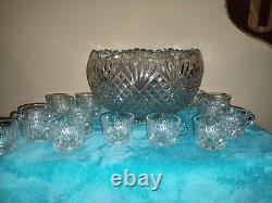 Vintage L. E. Smith Pineapple Heavy Cut Glass Punch Bowl And 16 Cups