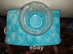 Vintage L. E. Smith Pineapple Heavy Cut Glass Punch Bowl And 16 Cups