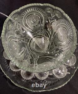 Vintage L. E. Smith Punch Bowl Set Pinwheel & Stars Glass Clear 15-Pc Peacock