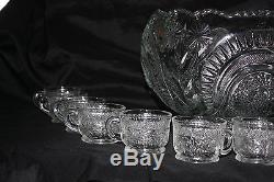 Vintage L E Smith Punch Bowl Set Pinwheels & Stars with 12 cups