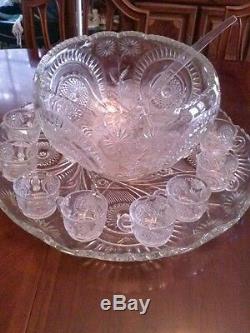 Vintage L. E. Smith punch bowl Pinwheel & Stars Slewed Horseshoe + 12 cups