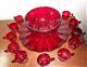 Vintage L. G. Wright Glass Red Paneled Grape Punch Bowl Set With 10 Punch Cups