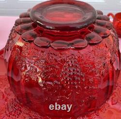 Vintage L. G. Wright Glass Red Paneled Grape Punch Bowl Set With12 Cups & Hooks EC