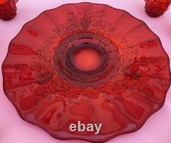 Vintage L. G. Wright Glass Red Paneled Grape Punch Bowl Set With12 Cups & Hooks EC