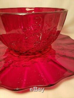 Vintage L. G. Wright Glass Ruby Red Paneled Grape Punch Bowl Set