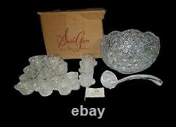 Vintage LE Smith 20pc Glass Daisy & Button Punch Bowl Set, Cups, Ladle, box