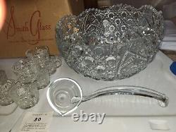 Vintage LE Smith 20pc Glass Daisy & Button Punch Bowl Set, Cups, Ladle, box