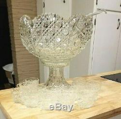 Vintage LE Smith Daisy Hob Star Patterned Glass Punch Bowl Set Stand Ladle Cups