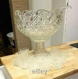 Vintage LE Smith Daisy Hob Star Patterned Glass Punch Bowl Set Stand Ladle Cups