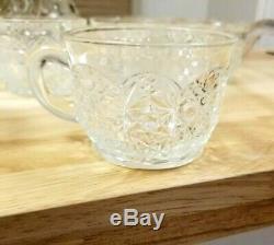 Vintage LE Smith Daisy Hob Star Patterned Glass Punch Bowl Set Stand Ladle Cups
