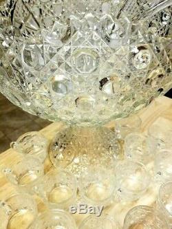 Vintage LE Smith Daisy Hob Star Patterned Glass Punch Bowl Set Stand Ladle Cups