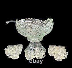 Vintage LE Smith Glass Aztec Punch Bowl Set MCM 12 Cups Base/Stand Glass Ladle