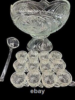 Vintage LE Smith Glass Aztec Punch Bowl Set MCM 12 Cups Base/Stand Glass Ladle