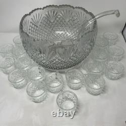 Vintage LE Smith Glass Co Pineapple Fan Cut Punch Bowl 18 Cups Set