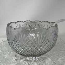 Vintage LE Smith Glass Co Pineapple Fan Cut Punch Bowl 18 Cups Set