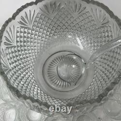 Vintage LE Smith Glass Co Pineapple Fan Cut Punch Bowl 18 Cups Set