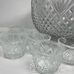 Vintage LE Smith Glass Co Pineapple Fan Cut Punch Bowl 18 Cups Set