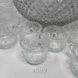 Vintage LE Smith Glass Co Pineapple Fan Cut Punch Bowl 18 Cups Set