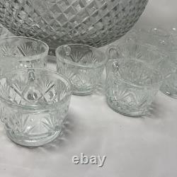 Vintage LE Smith Glass Co Pineapple Fan Cut Punch Bowl 18 Cups Set