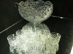 Vintage LE Smith Glass DAISY AND BUTTON 14-pc Punch Bowl Set