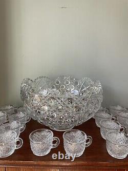 Vintage LE Smith Glass DAISY AND BUTTON Punch Bowl Set 18 cups